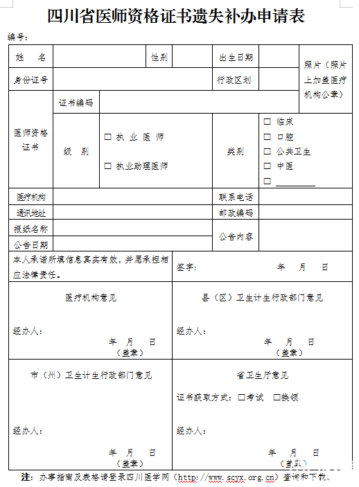 四川省南部县临床医师资格证书补办申请表